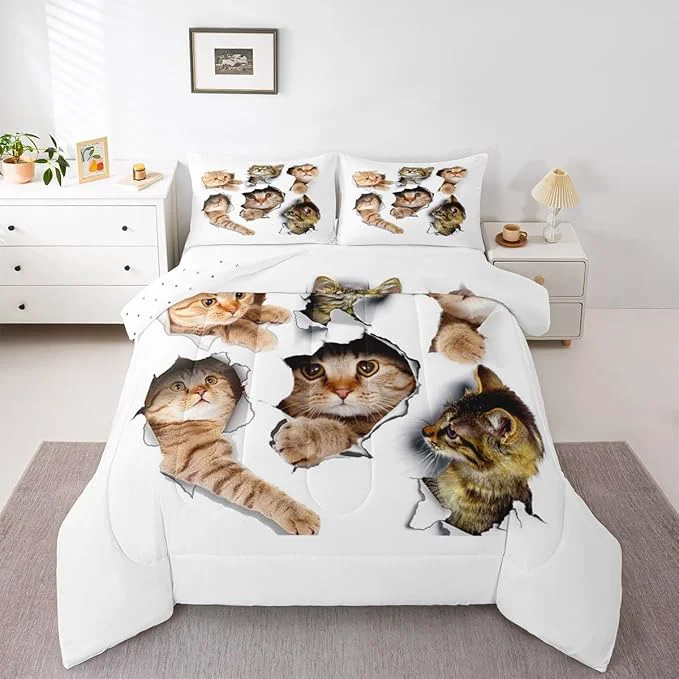 Long-Lasting Erosebridal 3D Kitten Bedding Set Queen Size Kawaii Cats Comforter Set for Kids Men Women Paw Cute Pet Animal White Orange Comforter Warm Soft Quilt Insert Sophisticated