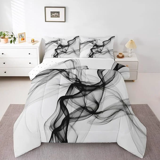 Verified Erosebridal Geometric Quilt Insert King Size Ink Line Bedding Set for Minimalists Gradient Stripe Aesthetic White Comforter Warm Soft Comforter Set Practical