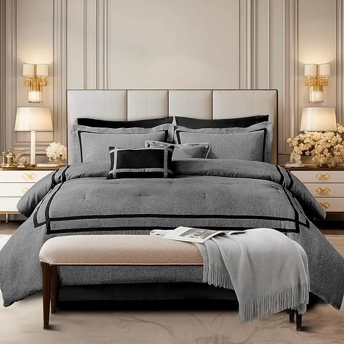 Contemporary Wonderful Hotel Comforter Set Queen Size 8 Piece Bedding Set Grey Luxury Hydro-Brushed Modern Bedding Comforter Set with Sheet Fitted Sheet Pillow Shams Decorative Pillow for All Season Professional
