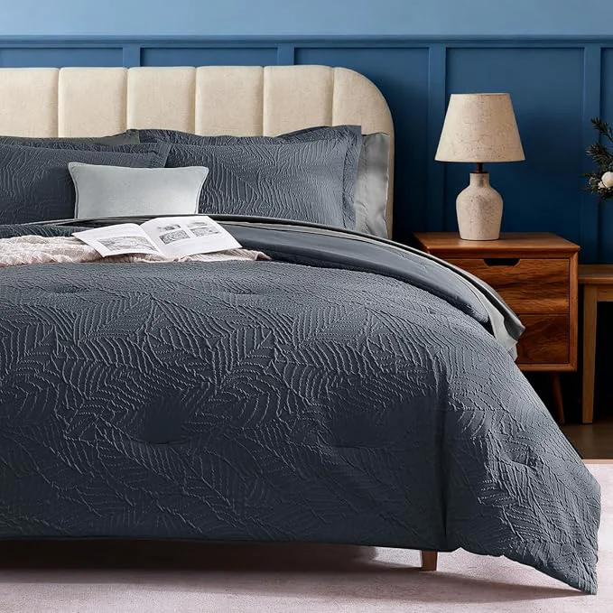Flexible Geniospin King Size Comforter Set – 7 Pieces Blue Gray Textured King Bedding Sets with Comforter Sheets Pillowcases amp Shams All Season Blue Gray Bedding Effective