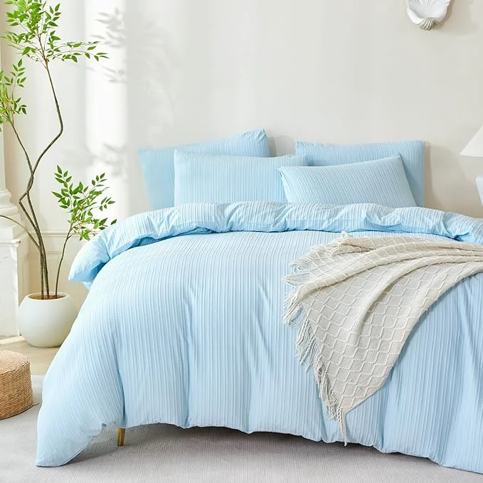 Reliable Comforter King Set Light Blue Striped Soft Luxury Washed Microfiber Jacquard 3 Pieces Bedding Blue Vertical Ticking Stripes Pattern Comforter with 2 Pillowcases Breathable Durable Comfy Environmentally Friendly