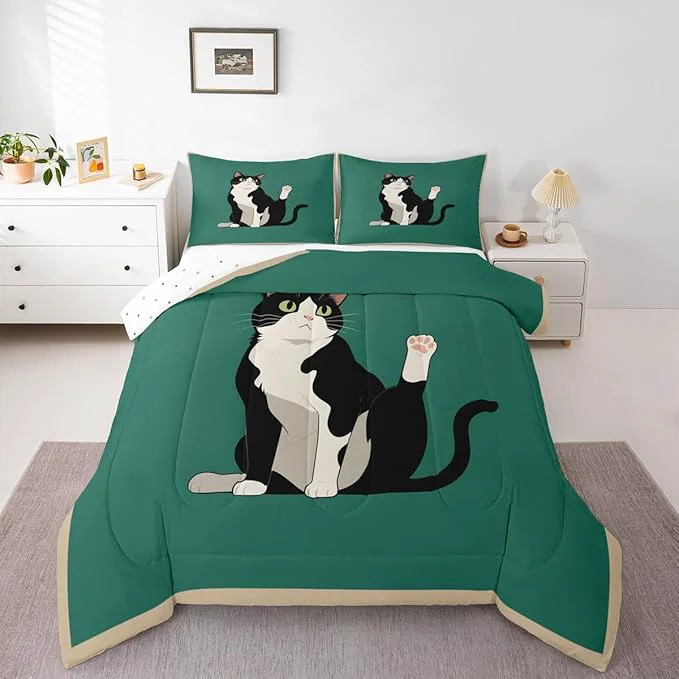 Refined Erosebridal Kitten Quilt Insert King Size Cartoon Cat Bedding Set for Kids Boys Girls Retro Kawaii Cute Green Black Comforter Warm Soft Comforter Set Expertly Made