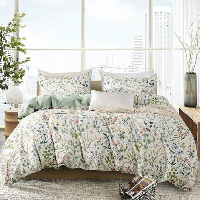 Fashionable Floral Comforter Set Queen Soft Bedding Comforter Set 3 Pieces Garden Style Green Red Flower Print Botanical Flowers Comforter Set for All Seasons 1 Comforter and 2 Pillowcases Floral Queen Eco-Friendly