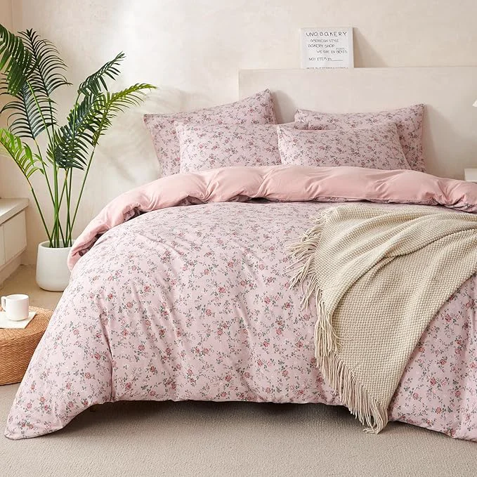 Floral Comforter Set King 3 Pieces Soft Chic Crinkle Gauze Fabric Garden Style Pink Flower Print Botanical Comforter for All Seasons Luxury Warmth Comfy Breathable with 2 Pillowcases Contemporary