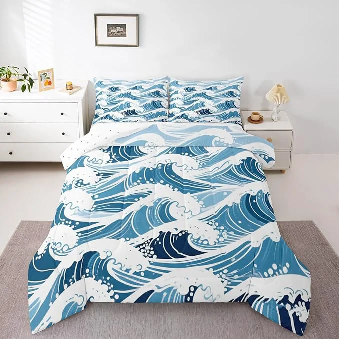 Detailed Erosebridal Sea Waves Comforter Set Queen Size Ukiyo-E Bedding Set for Kids Men Women Geometric Japanese Style Navy Blue White Comforter Warm Soft Quilt Insert Premium Material