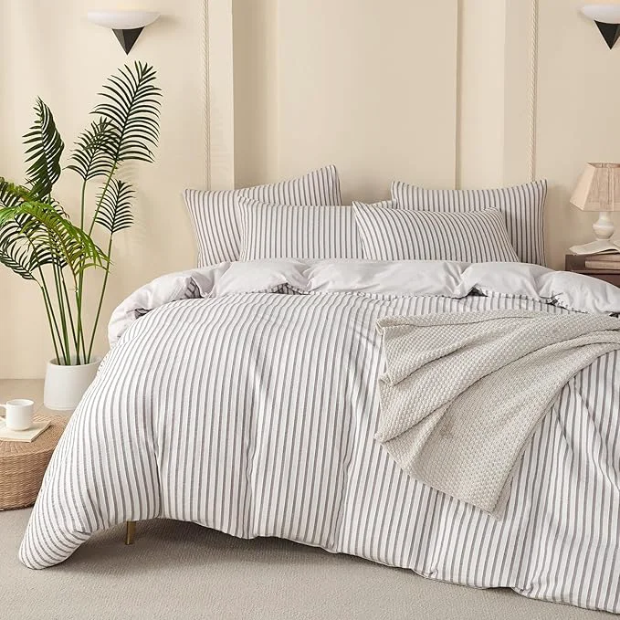 Convenient Grey Comforter Set King Soft Luxury Washed Microfiber Jacquard 3 Pieces Bedding White Grey Vertical Ticking Stripes Pattern Comforter with 2 Pillowcases Breathable Durable Comfy Original Design