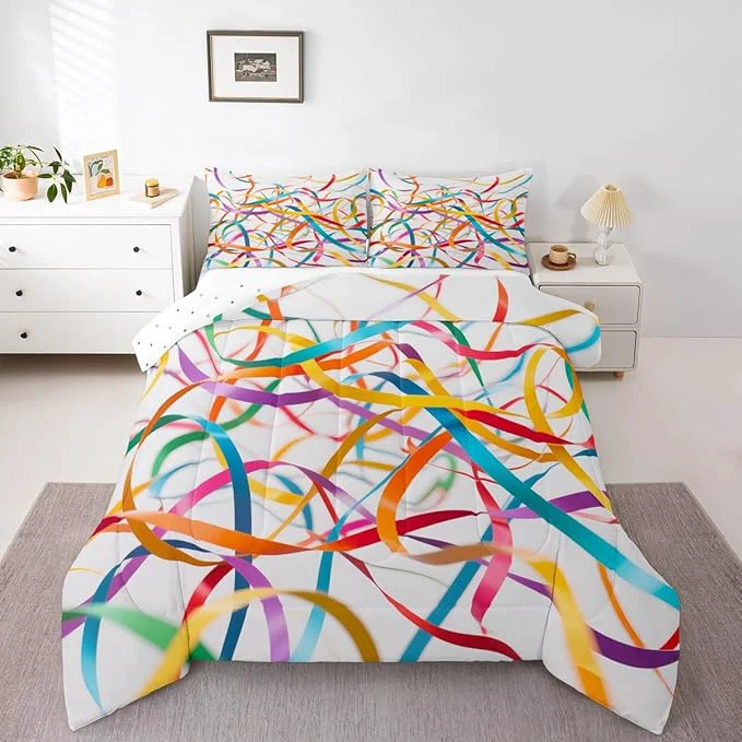 Convenient Erosebridal Bedding Set Twin Size Rainbow Stripe Comforter Set for Kids Girls Boys Aesthetic White Teal Blue Comforter Warm Soft Quilt Insert User-Friendly