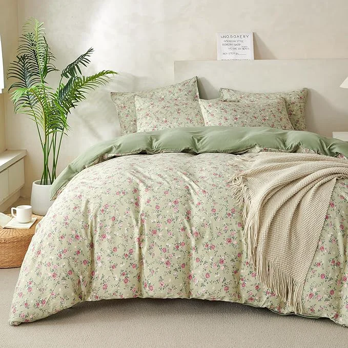 Premium Comforter King Size Floral Soft 3 Pieces Chic Crinkle Gauze Fabric Garden Style Floral Print Botanical Comforter for All Seasons Luxury Warmth Comfy Breathable with 2 Pillowcases Dependable