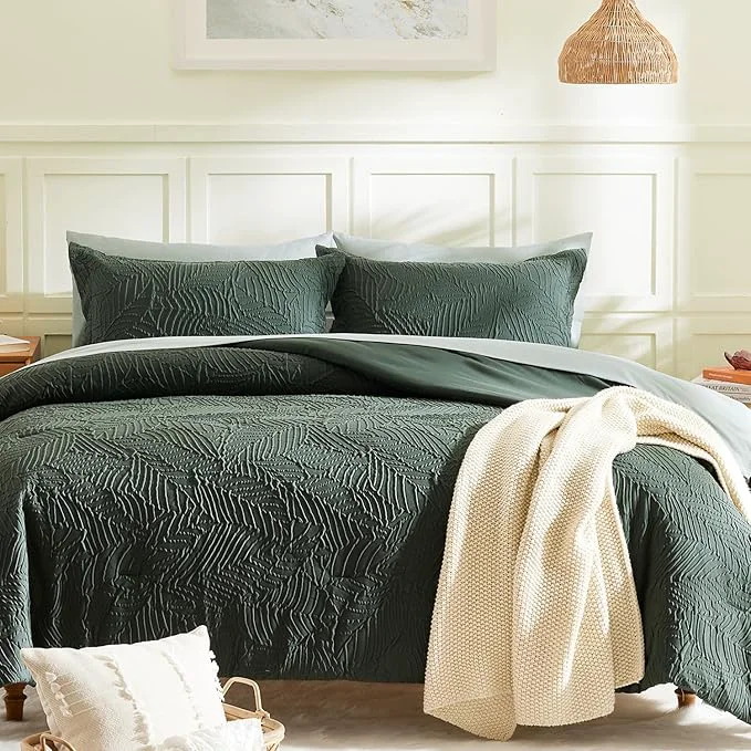 Proven Geniospin King Size Comforter Set – 7 Pieces Dark Green Bedding Set Botanical Textured Comforter Bed Set All Season Lightweight Bed in a Bag with Comforter Sheets Pillowcases amp Shams Long-Lasting