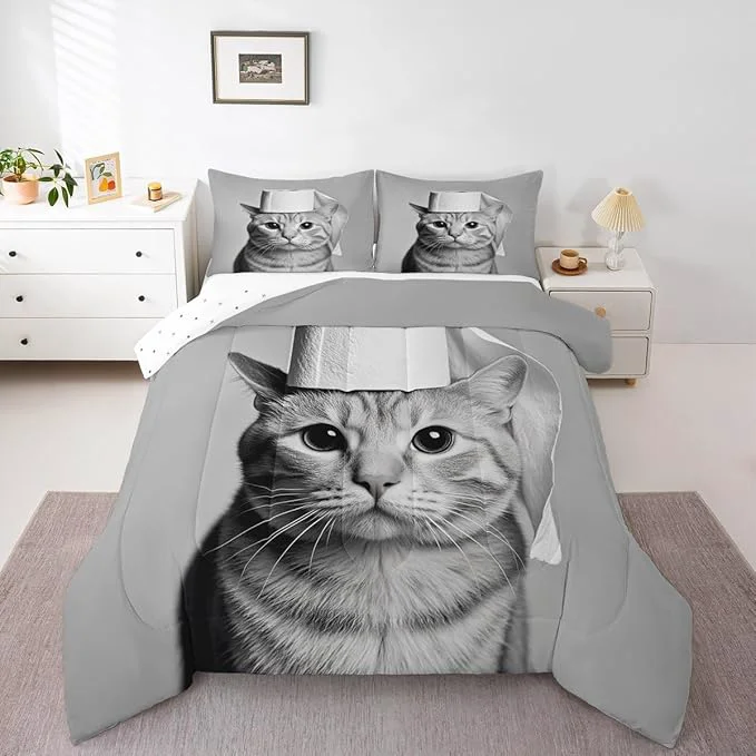 Practical Erosebridal Kitten Bedding Set Toddler Size Cat Comforter Set for Kids Boys Girls 3D Kawaii Cute Hat Bowl Black Grey Comforter Warm Soft Quilt Insert Versatile