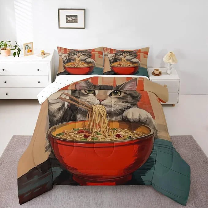 Fine Erosebridal Cat Quilt Insert Twin Size Noodles Bedding Set for Kids Boys Girls Bowl Food Kawaii Cute Kitten Red Grey Comforter Warm Soft Comforter Set Artisan