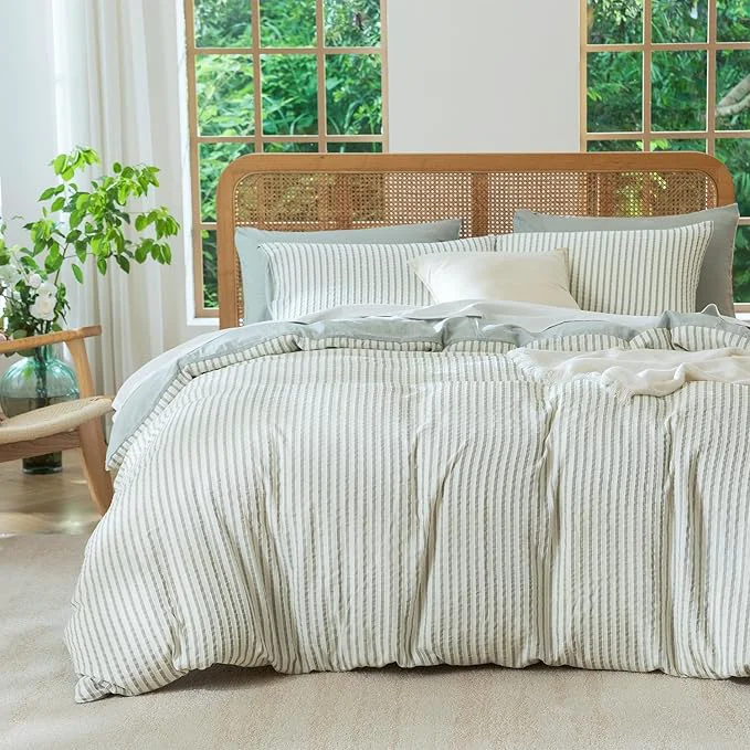Selected Queen Size Comforter Set Striped Soft Luxury Washed Microfiber Jacquard 3 Pieces Bedding Grayish Green Vertical Ticking Stripes Pattern Comforter with 2 Pillowcases Breathable Durable Comfy First-Class