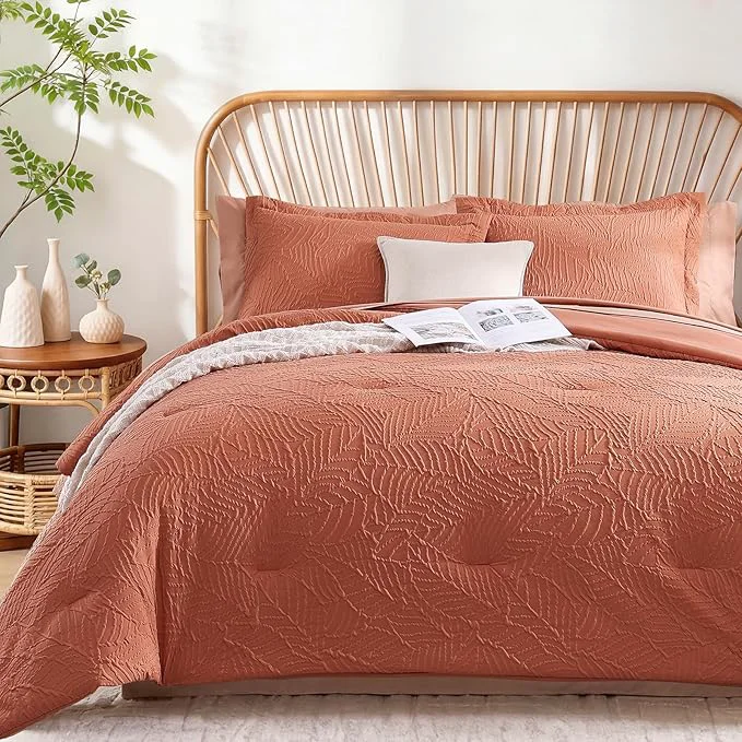 First-Class Geniospin Full Size Comforter Set – 7 Pieces Burnt Orange Bedding Set Botanical Textured Comforter Set All Season Lightweight Bed in a Bag with Comforter Sheets Pillowcases amp Shams Official
