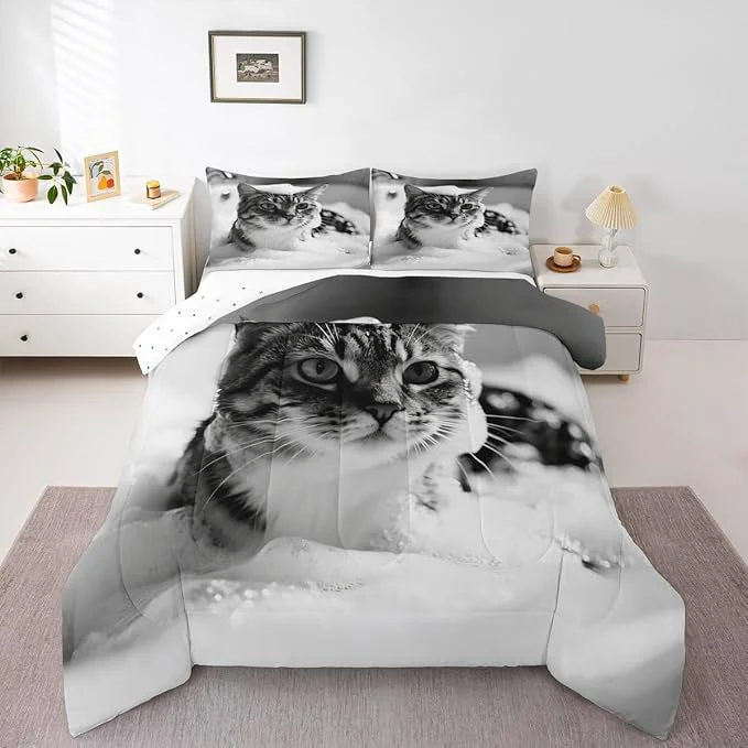 Traditional Erosebridal Cat Comforter Set King Size Cute Kitten Quilt Insert for Kids Men Women Kawaii Beard Animal White Grey Comforter Warm Soft Bedding Set Fashionable