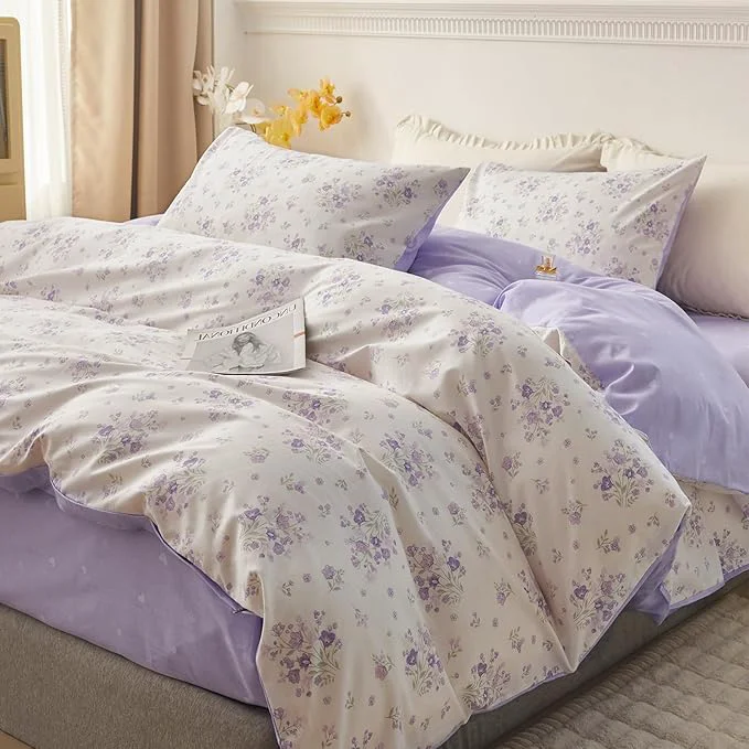 Consistent HighBuy Full Size Comforter Set White Purple Floral Printed Bedding Comforter Sets Full 3 Pieces for All Season Vintage Flowers Comforter Sets for Kid Teen Toddler Floral Comfy Comforter Set Safe