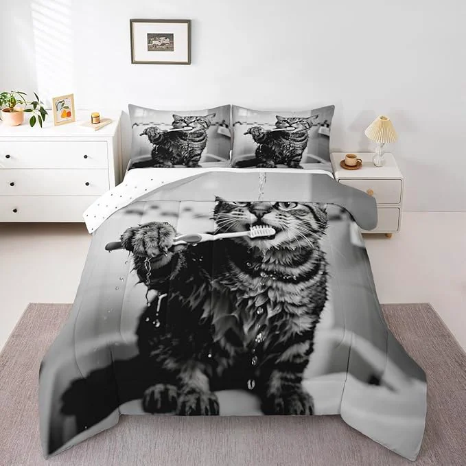 Quality Erosebridal Kitten Bedding Set Twin Size Cute 3D Comforter Set for Kids Boys Girls Toothbrush Kawaii Animal White Black Comforter Warm Soft Quilt Insert