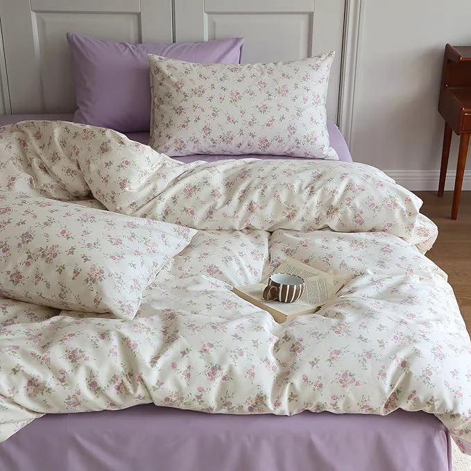 Traditional HighBuy Garden Style King Size Comforter Set Lilac Floral Boho Bedding Comforter Sets Lightweight Aesthetic Bedding Set 3 Piece 1 Floral Comforter King Size Fluffy and 2 Pillowcases King Reliable