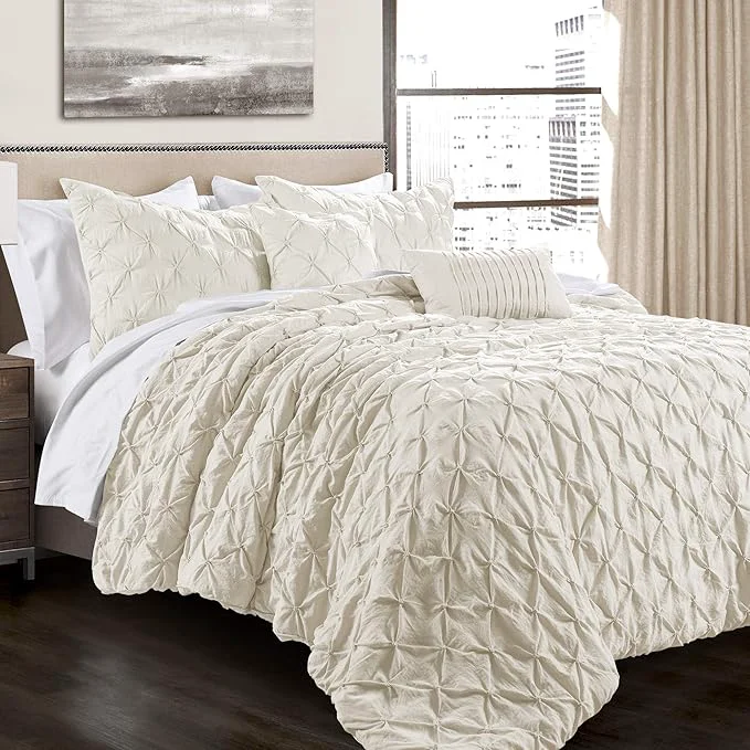 Official Lush Decor Ravello Pintuck Comforter Set – Luxe 5 Piece Textured Bedding Set – Traditional Glam amp Farmhouse Inspired Bedroom Decor – Full Queen Ivory Refined