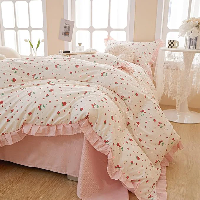 Efficient HighBuy Strawberry Print Comforter Set Twin XL Cute Fruit Bedding Set Ruffle Comforter with 2 Pillowcases Fluffy Reversible College Girl Bedding Comforter Set for All Seasons Eco-Friendly