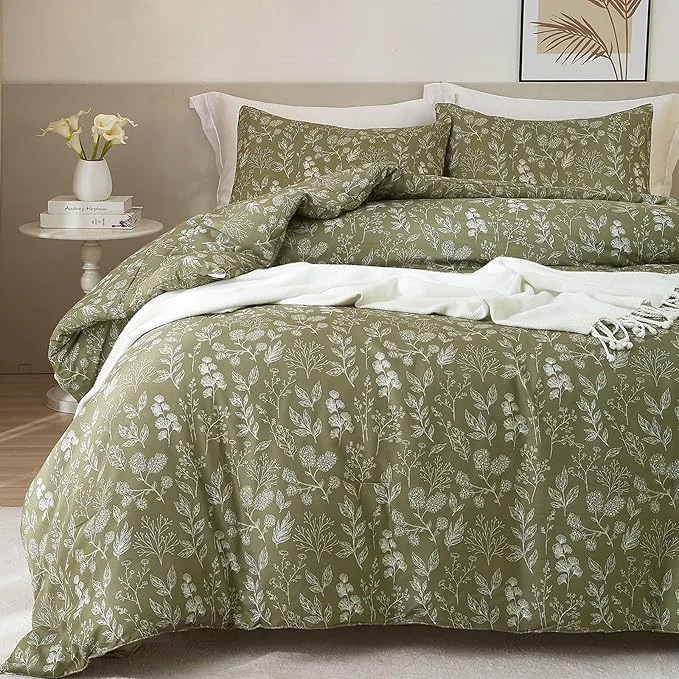 Trendy HighBuy Olive Green Comforter Set Twin XL 3 Pieces Aesthetic Floral Print Comforter Cute Flowers Bedding Set for Boys Girls with 2 Pillowcases for All Season – King Size Floral Comforter Set Carefully Designed