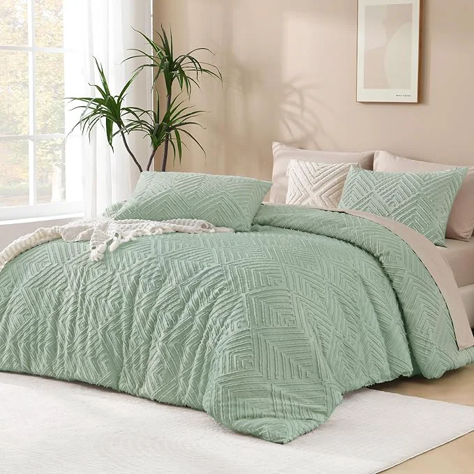 Contemporary Andency Oversized King Comforter 128 39 39 x120 39 39 3 Pieces Sage Green Boho Bedding Set amp Collections All Season Soft Farmhouse Tufted Fluffy Bed Set 1 Comforter 2 Pillowcases Fine Crafted