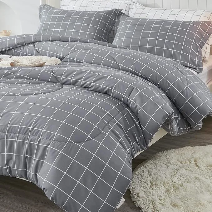 Smart Andency Grey Grid Comforter Set King Size 104×90 inch 3 Pieces 1 Grey Comforter and 2 Pillowcases Summer Lightweight Microfiber Down Bedding Comforter Sets with White Lines High-Performance