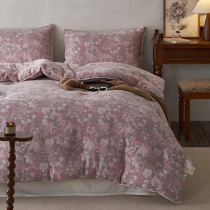 Premium HighBuy Muslin Cotton Comforter Set Full Size Pink Floral Bedding Comforters Set 3 Piece Lightweight Soft amp Warm Bed Comforter Full with 2 Pillowcases Boho Chic Bedding Set Sustainable