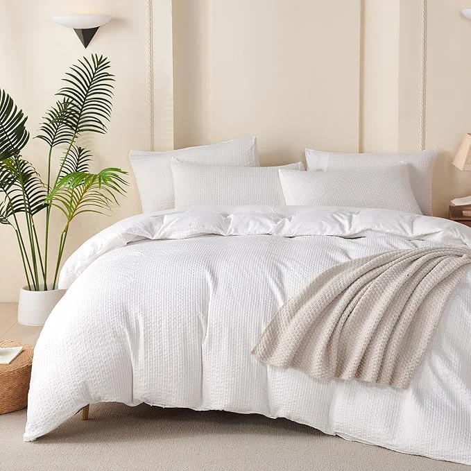 Fine Queen Comforter Set Striped White – Soft Luxury Washed Microfiber Jacquard 3 Pieces Bedding Set for All-Season with 2 Pillowcases Breathable Durable Comfy Top-Quality