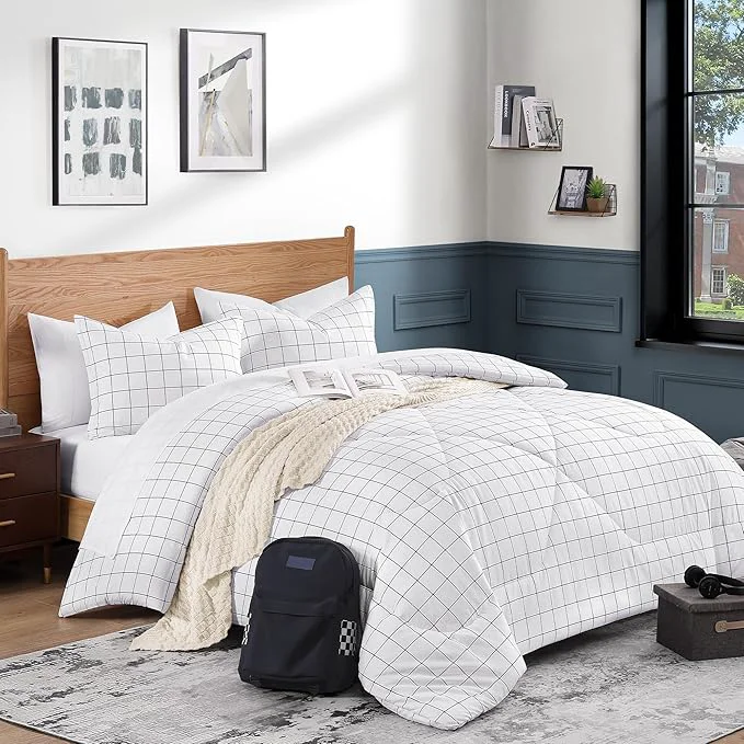 Responsible Andency White Grid Comforter Set Queen Size 90×90 Inch 3 Pieces 1 Grid Comforter and 2 Pillowcases Summer Lightweight Microfiber Down White Comforter with Black Lines Professional