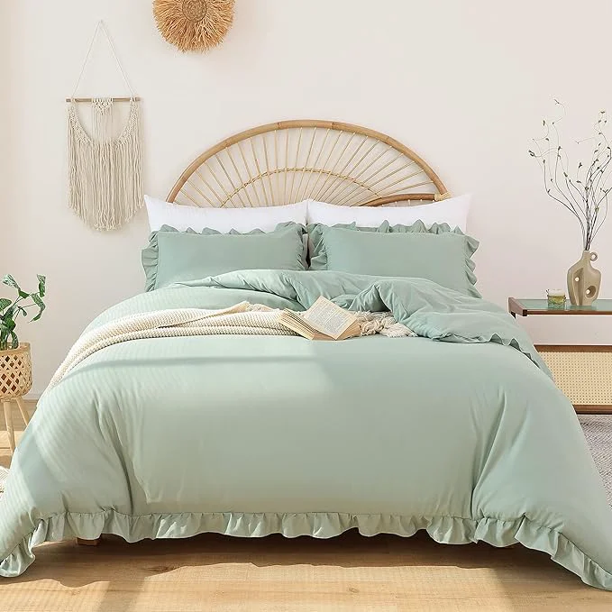 Certified JANZAA Twin Comforter Set Sage Green Comforter Set 2PCS Ruffled and 1 Pillow Case Fluffy Vintage Farmhouse Shabby Chic Bedding Soft All Season Verified