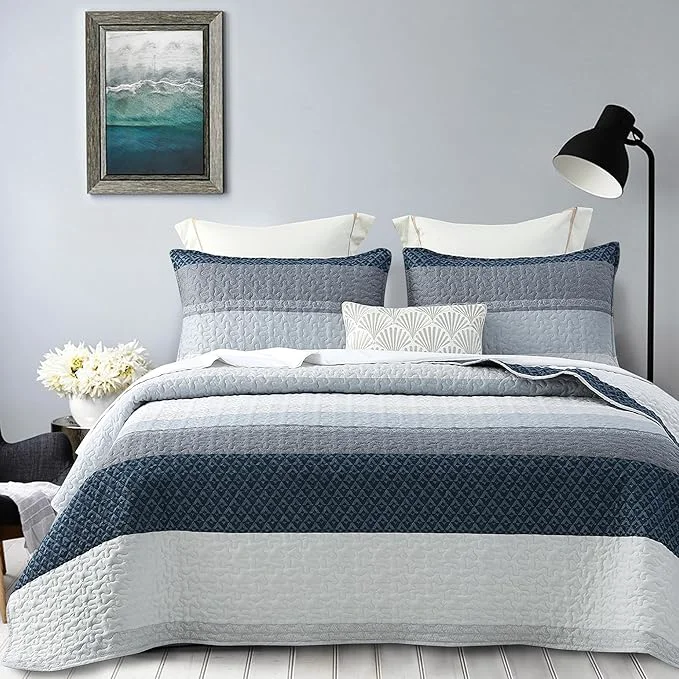 Expertly Made DURLENGEN Quilt Set Queen Size 3Pcs Soft Microfiber Lightweight Bedspread Blue amp Navy Striped Geometric Pattern Coverlet for All Season Layering Queen 90×96 Blue Patchwork Specialty