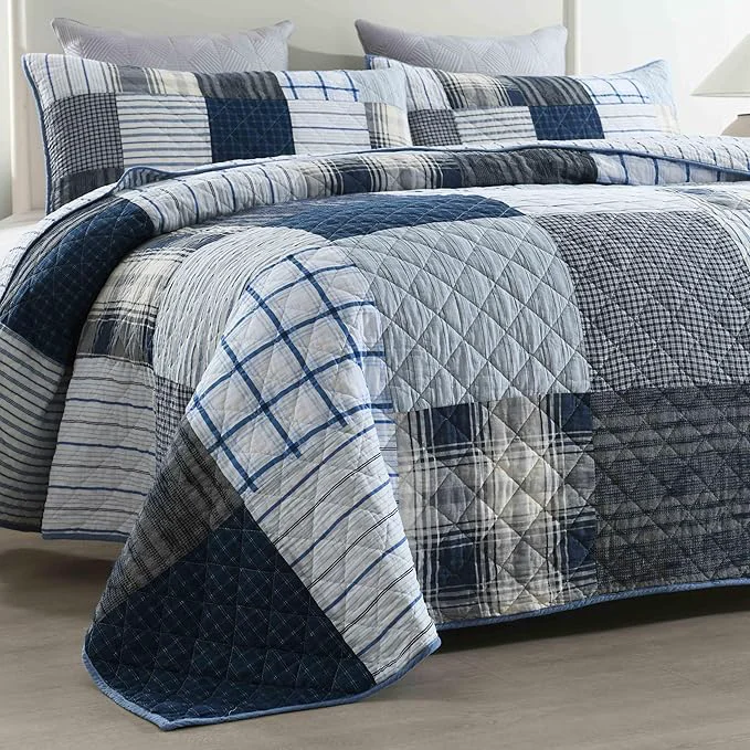 Authentic DURLENGEN Blue amp Grey Patchwork Cotton Queen Quilt 3Pcs Patchwork Blue amp Grey Pattern on White Luxury Lightweight Coverlet Sets for All Season Queen 90×96 Blue amp Grey Patchwork Comfortable