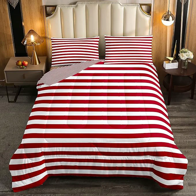 Reusable Girl Stripe Comforter Set Twin Size Red White Ticking Stripes Bedding Set Bedroom Decor Horizontal Striped Lines Reversible Down Comforter for Kids Women Modern Abstract Soft Lightweight Duvet Set Environmentally Friendly