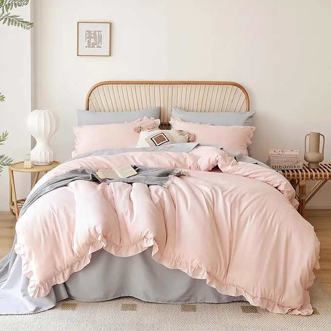 Sophisticated JANZAA Twin Comforter Set Pink Beding Set 2PCS 1 Ruffled Comforter Set and 1Pillow case Fluffy Vintage Farmhouse Shabby Chic Bedding Soft All Season
