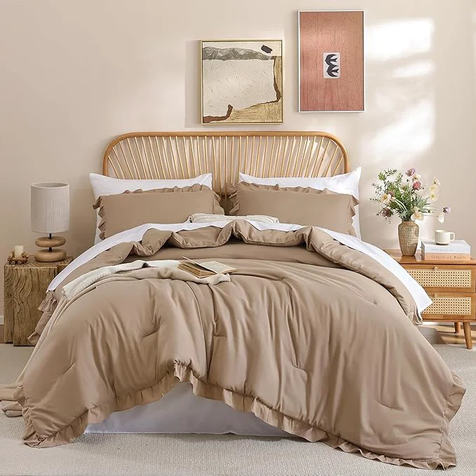 Trendy JANZAA King Ruffled Comforter Set 3PCS 1 Taupe Comforter Set and 2 Pillowcases Vintage Farmhouse Shabby Chic Bedding Soft Fluffy All Season Sophisticated