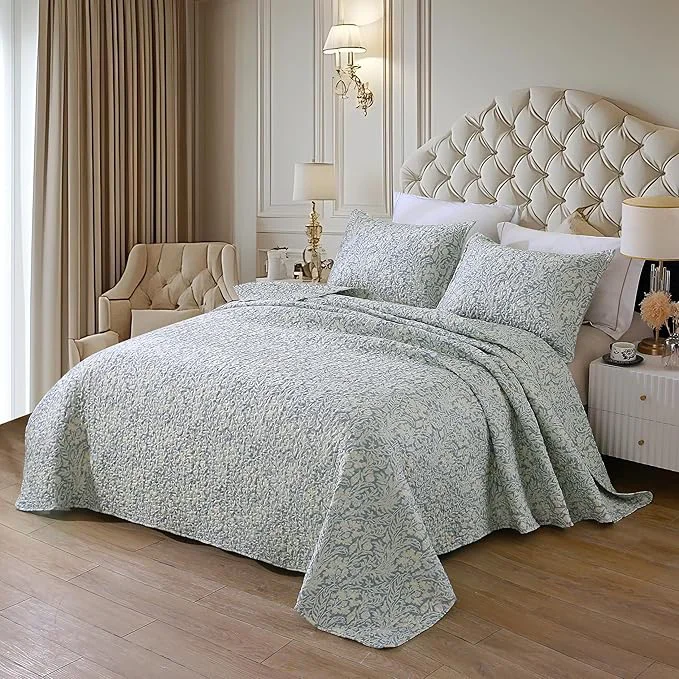 Recyclable DURLENGEN Botanical Quilt Set King Size 3Pcs Bluish Grey Printed with Beige Leaves Pattern Soft Polyester Lightweight Bedspread for All Season Layering King 106×96 Beige Botanical Fast