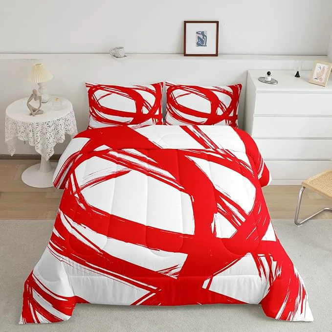 World-Class Red and White Abstarct Comforter Set Twin Size for Kids Boys Girs Graffiti Stripes Lines Bedding Set Aesthetic Geometric Duvet Insert for Minimalists Contemporary Boho Modern Art Quilt Luxury