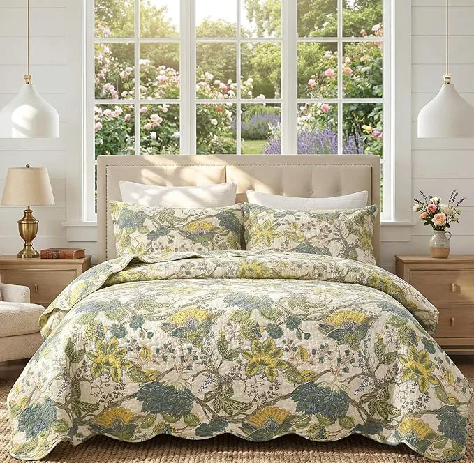 Recyclable DURLENGEN Forest Cotton Queen Quilt 3Pcs Bohemian Reversible Leaves amp Flowers Pattern on White Luxury Lightweight Coverlet Sets for All Season Queen 90×96 Forest Fine
