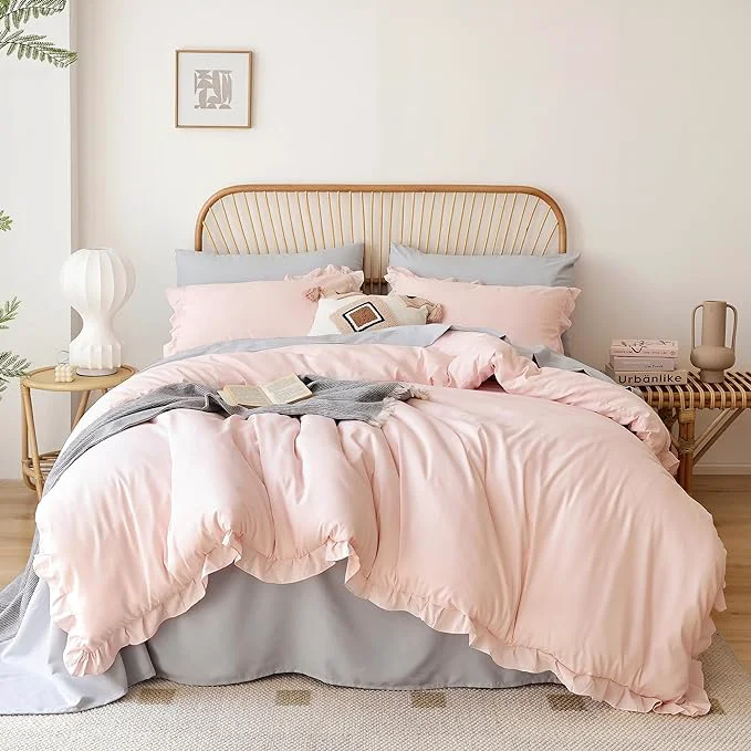 Authentic JANZAA Bedding Set Blush Ruffle 3PCS 1 Comforter Set and 2 Pillow Covers All Season Shabby Chic Vintage Polyester King Soft Efficient