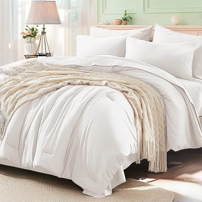 Elegant Anluoer White Full Comforter Set 7 Pieces Bed in a Bag with Sheets All Season Bedding Sets with 1 Comforter 2 Pillow Shams 2 Pillowcases 1 Flat Sheet 1 Fitted Sheet Efficient