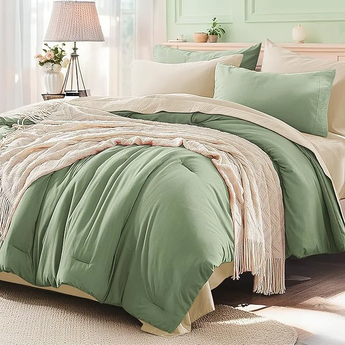Relaxed Anluoer Sage and Cream Queen Comforter Set 7 Pieces Bed in a Bag with Sheets All Season Bedding Sets with 1 Comforter 2 Pillow Shams 2 Pillowcases 1 Flat Sheet 1 Fitted Sheet Versatile