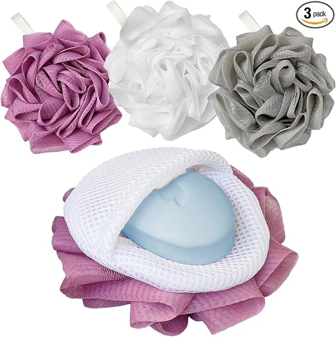 Comfortable 3 Pack Bath Loofah Shower with Soap Bags Dual-Use Exfoliating Bath Sponges Pure