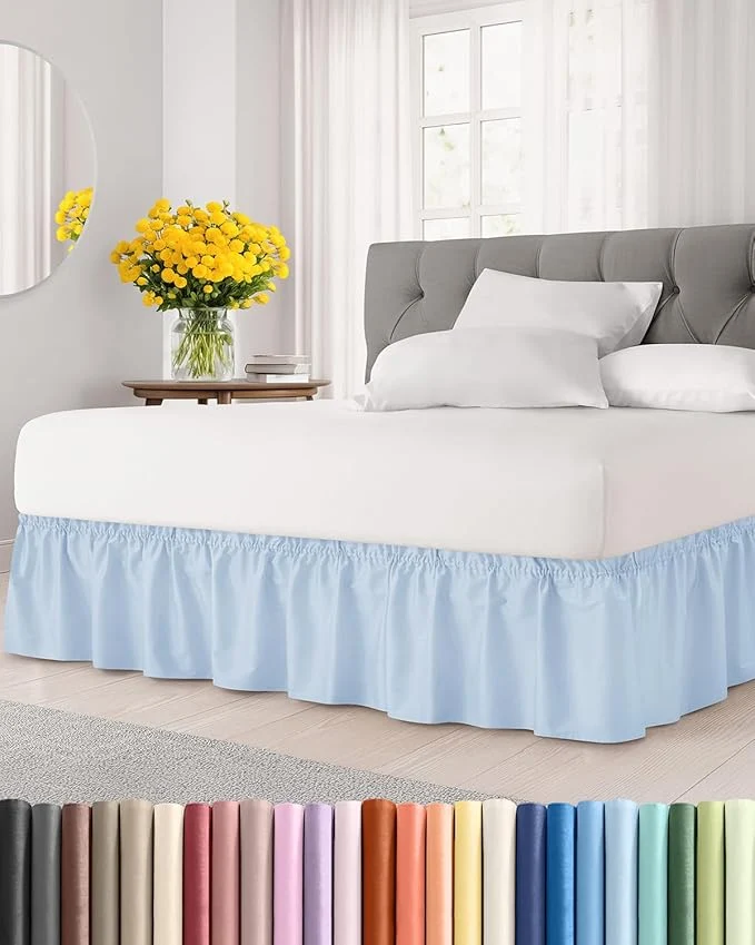 Luxury Wrap Around Dust Ruffle Bed Skirt – Sky Blue – for Queen Size Beds w 15 Inch Drop – Easy Fit Elastic Strap – Adjustable Pleated Bedskirt w Brushed Fabric – Wrinkle Women Men Kids amp Teens Consistent