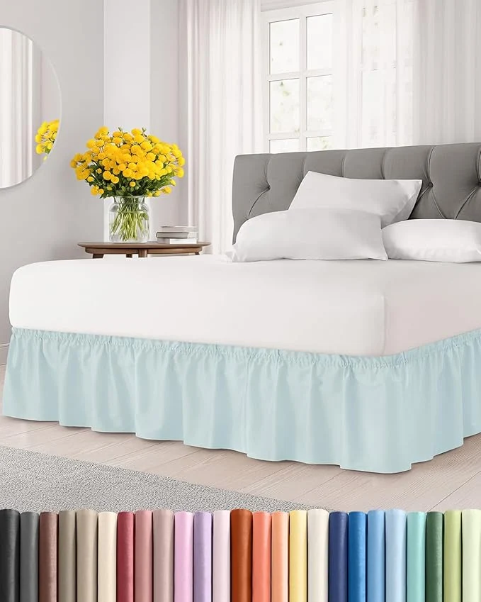 Functional Wrap Around Dust Ruffle Bed Skirt – Ice Blue – for King Size Beds w 12 Inch Drop – Easy Fit Elastic Strap – Adjustable Pleated Bedskirt w Brushed Fabric – Wrinkle – for Women Men Kids amp Teens Exclusive