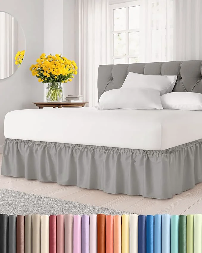 Artisan Wrap Around Dust Ruffle Bed Skirt – Light Grey – for King Size Beds with 18 Inch Drop – Elastic Strap – Adjustable Pleated Bedskirt with Brushed Fabric and Wrinkle – for Women Men Kids amp Teens Enhanced