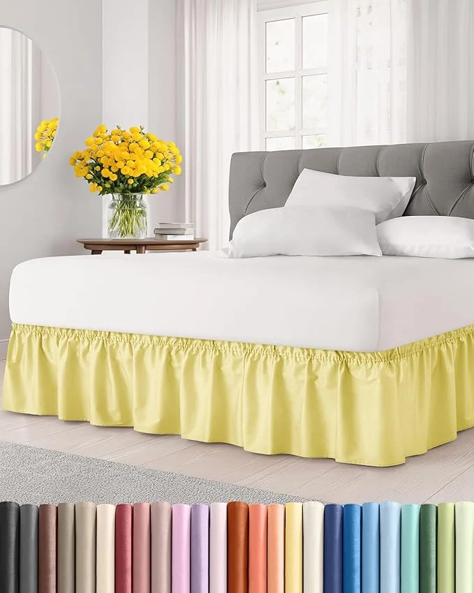 Selected Wrap Around Dust Ruffle Bed Skirt – Yellow – for King Size Beds with 21 Inch Drop – Easy Fit Elastic Strap – Adjustable Pleated Bedskirt w Brushed Fabric – Wrinkle – for Women Men Kids amp Teens Excellent