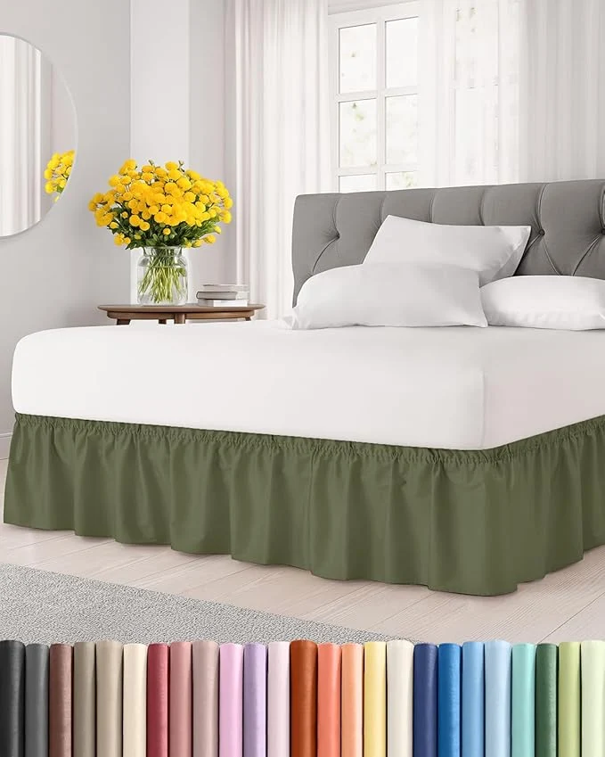 Minimalist Wrap Around Dust Ruffle Bed Skirt – Sage Green – for Full Size Beds w 14 Inch Drop – Easy Fit Elastic Strap – Adjustable Pleated Bedskirt with Brushed Fabric Wrinkle Women Men Kids and Teens Artisan