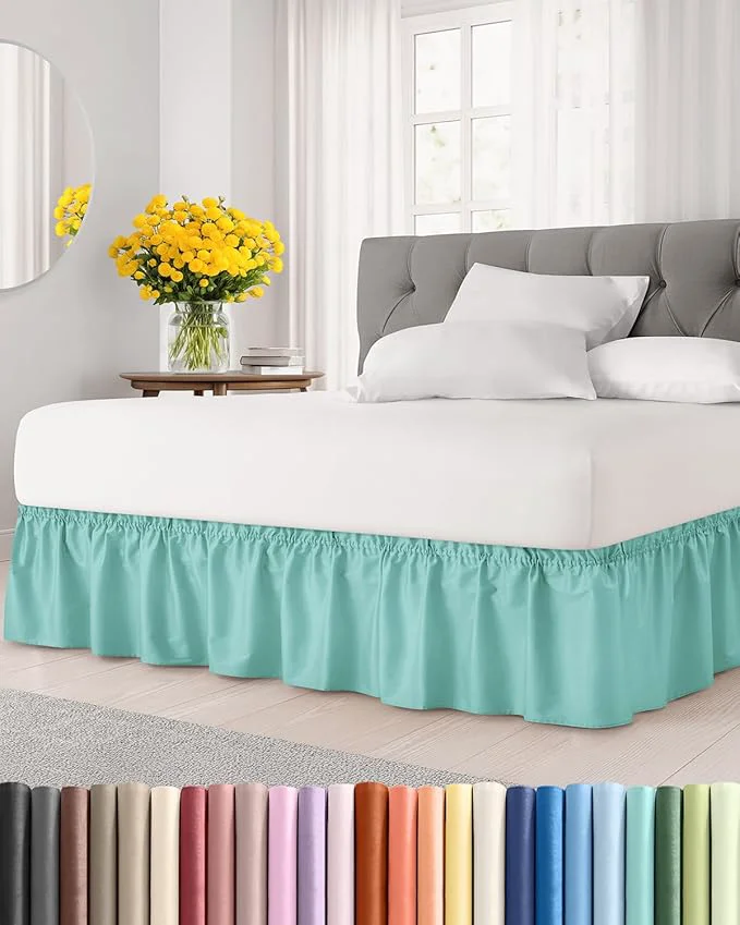Minimalist Wrap Around Dust Ruffle Bed Skirt – Spa Blue – for Full Size Beds with 15 Inch Drop – Easy Fit Elastic Strap – Adjustable Pleated Bedskirt w Brushed Fabric Wrinkle – for Women Men Kids amp Teens Enhanced