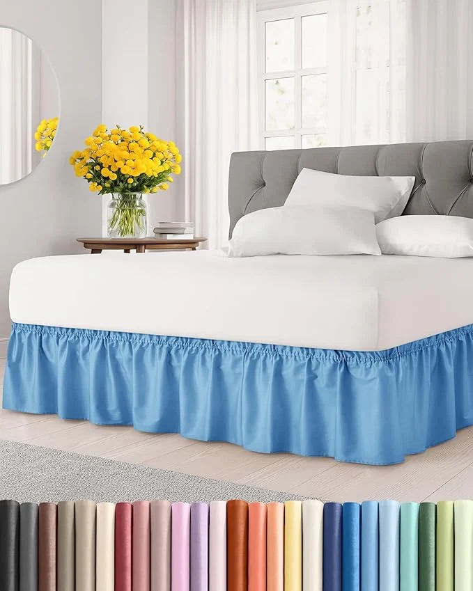 Crafted Wrap Around Dust Ruffle Bed Skirt – Denim Blue – for Queen Size Beds with 15 Inch Drop – Elastic Strap – Adjustable Pleated Bedskirt with Brushed Fabric and Wrinkle – For Women Men Kids amp Teens Soft