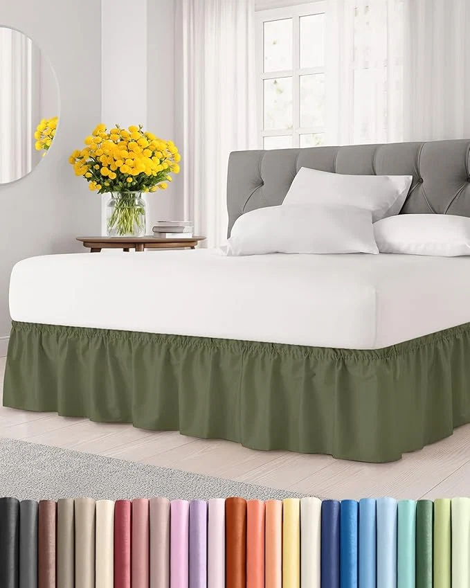 Minimalist Wrap Around Dust Ruffle Bed Skirt – Sage Green – for Queen Size Beds with 12 Inch Drop – Elastic Strap – Adjustable Pleated Bedskirt with Brushed Fabric and Wrinkle – For Women Men Kids amp Teens Original Design